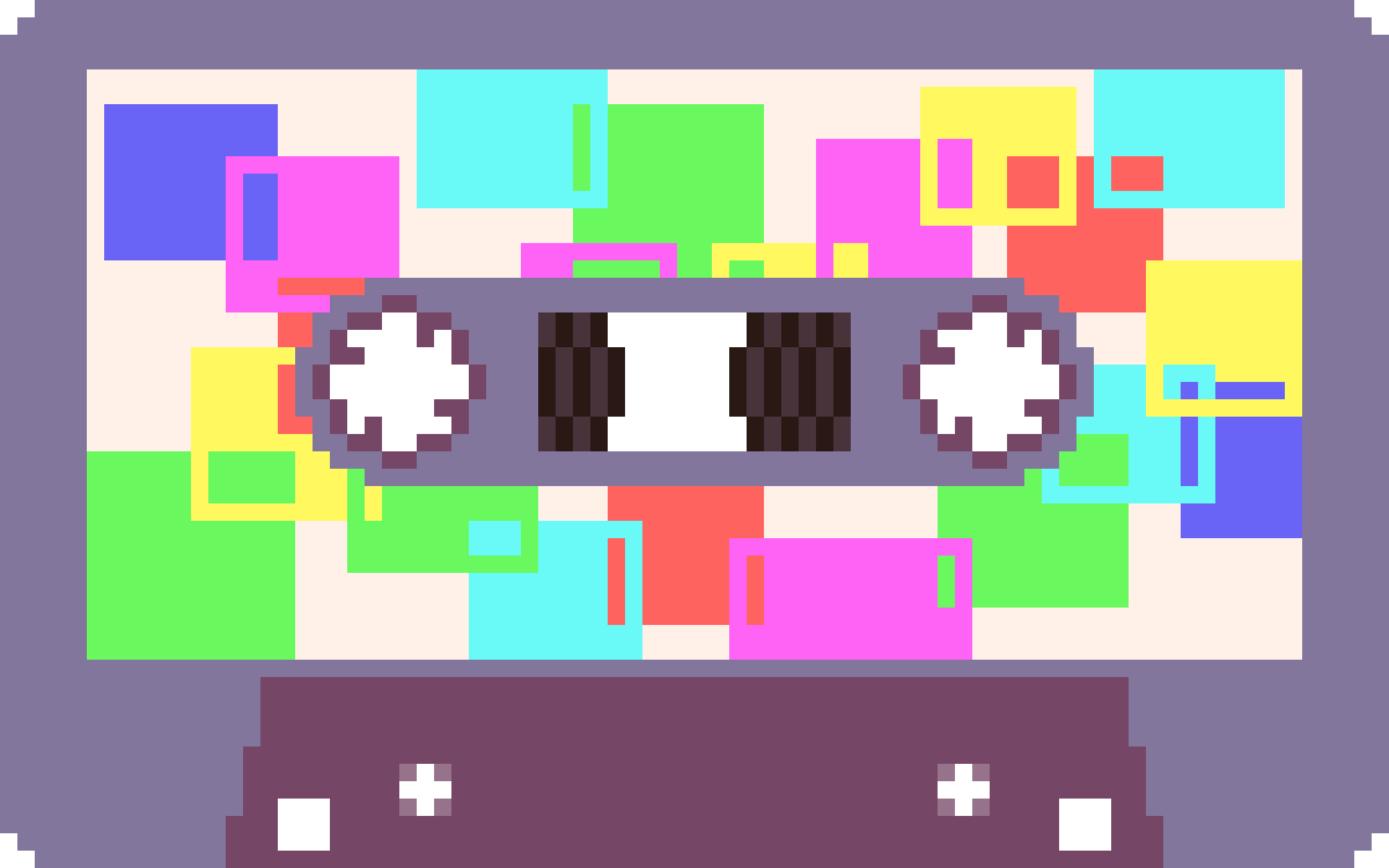 A pale lavender cassette tape. The lable of this tape has a white backround, though is mostly covered in overlapping squares in various bright, primary colors.