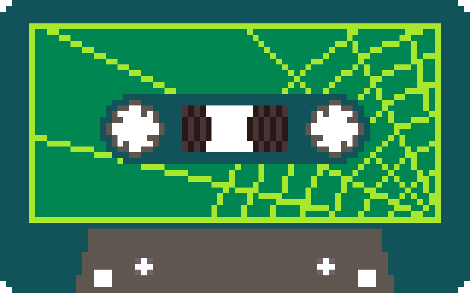 A dark green cassette tape. The lable of this tape is a lighter green and has a lime green border and a lime green spider web coming from the bottom right corner.