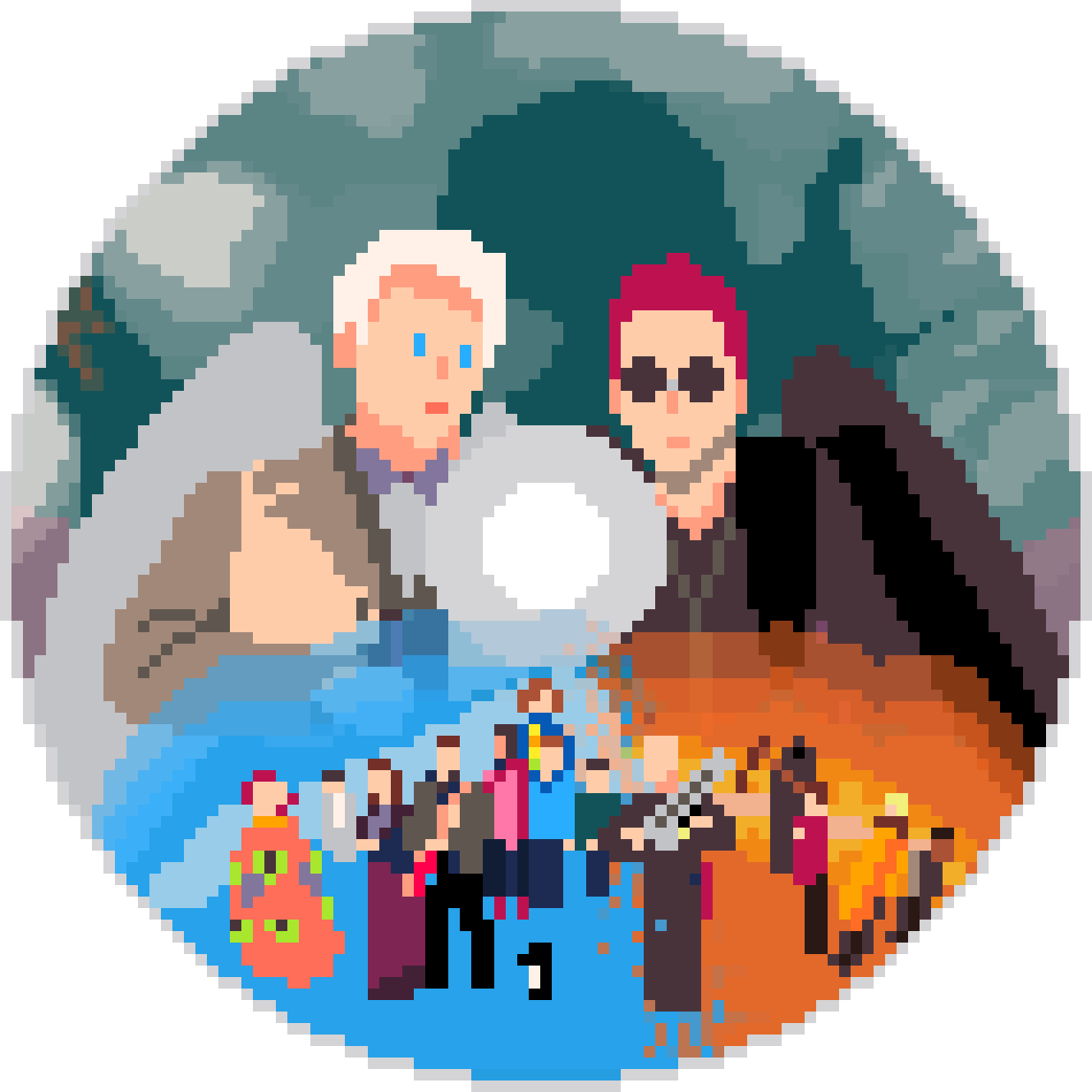 A pixel art recreation of the Good Omens season 1 DVD.