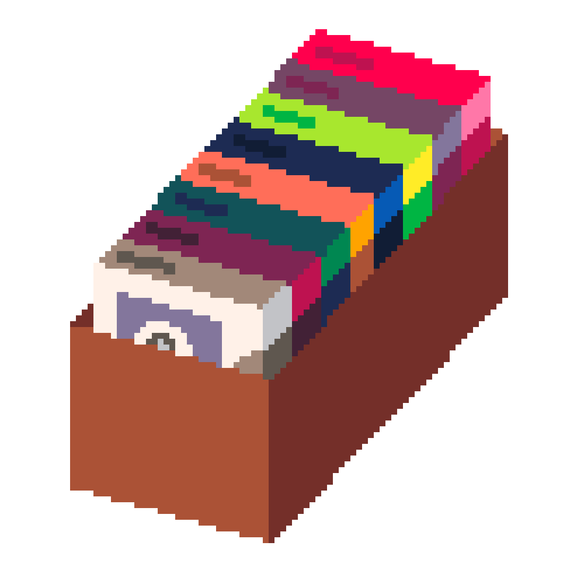 several cassette tapes of various colors in a box.