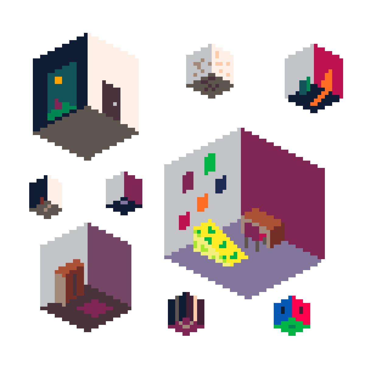 A series of small rooms with different furniture. the largest one has a desk and a giant wedge of moldy swiss cheese.